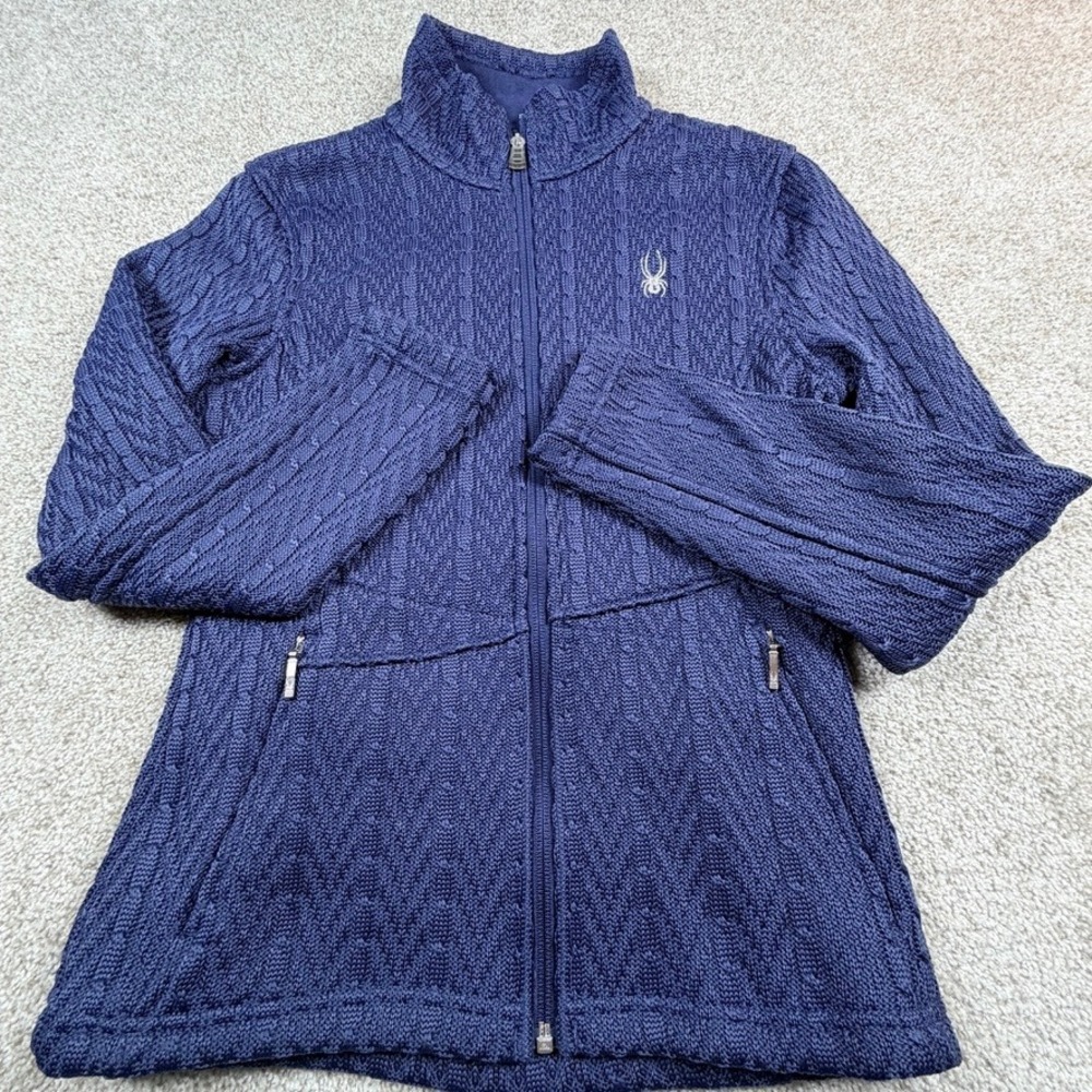 Spyder Womens Navy Blue Cable Knit Fleece Lined Full Zip Sweater Jacket Medium